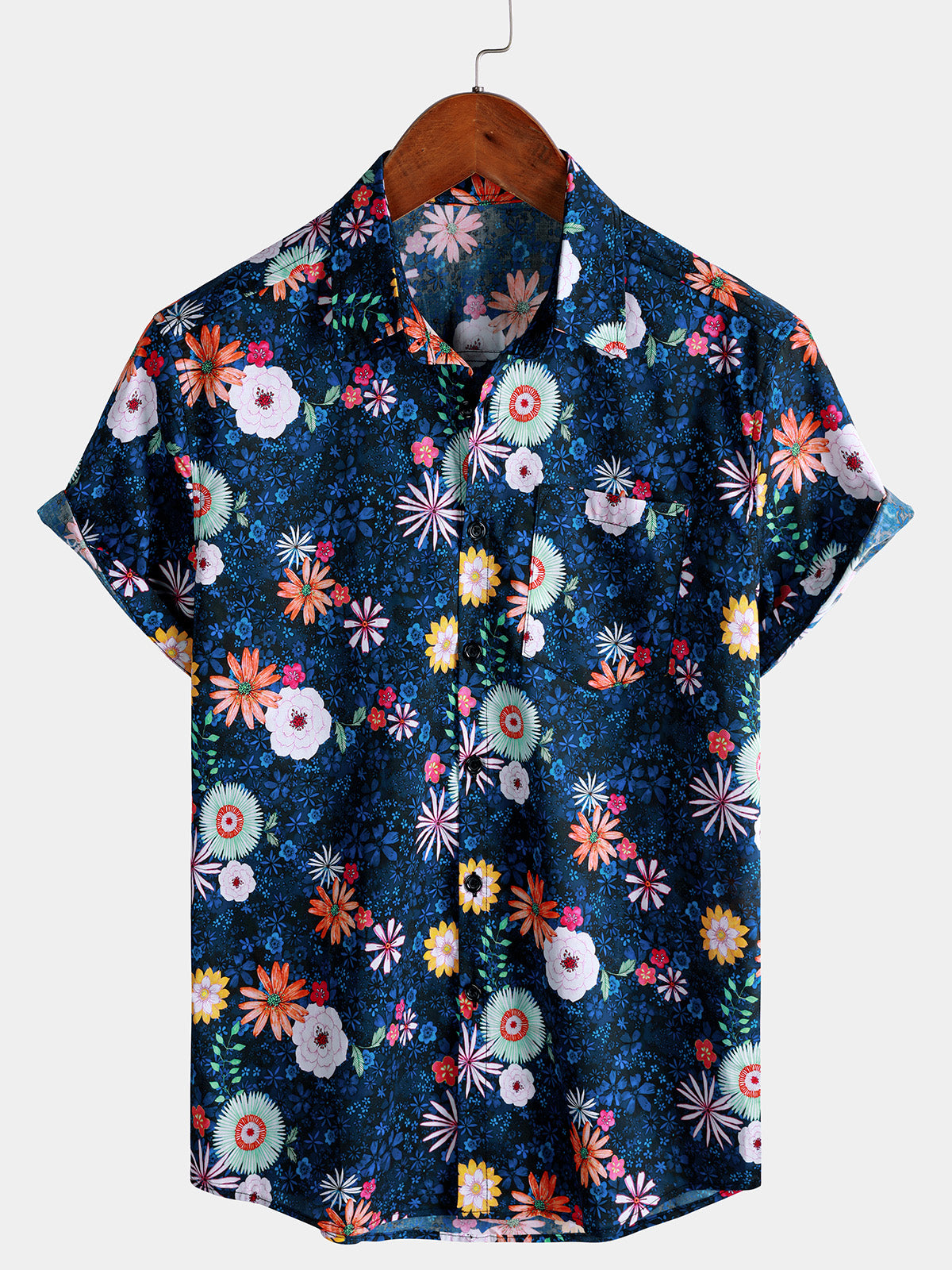 Herren Marineblaues Blumen Hawaiihemd