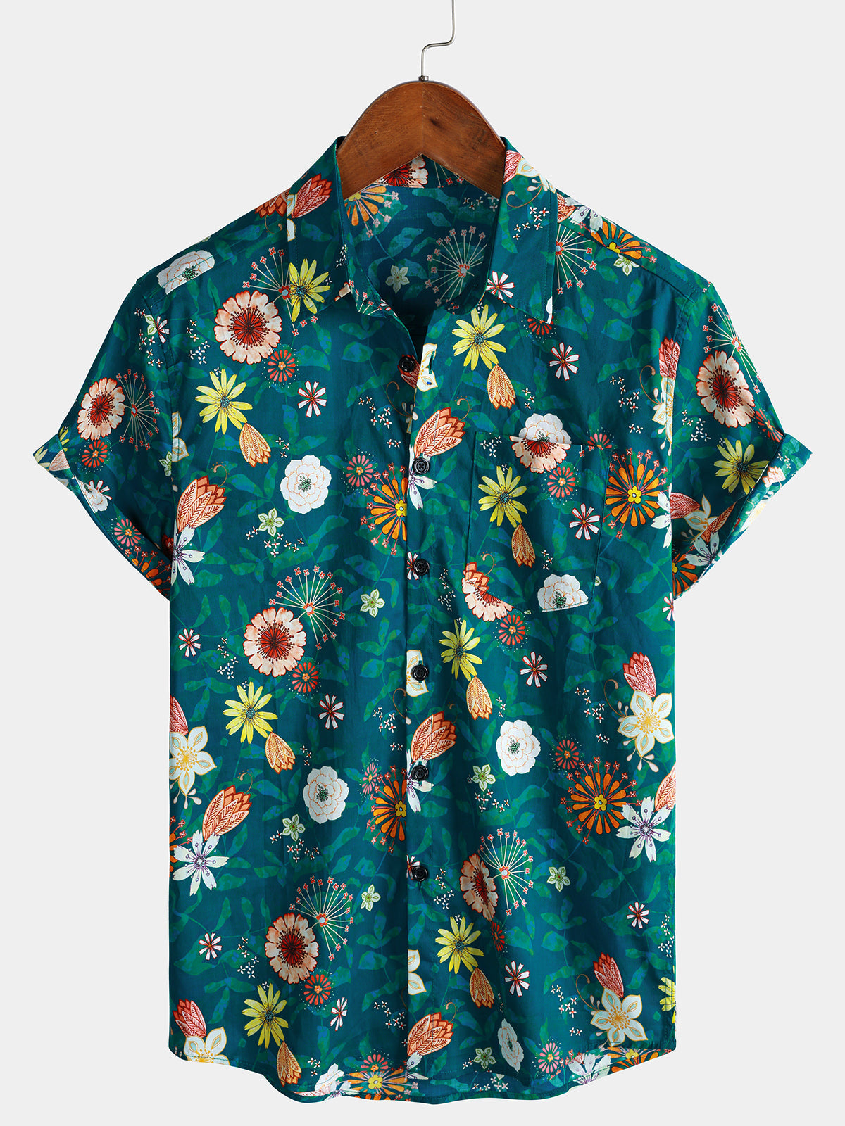 Herren Grünes Blumen Baumwoll Hawaiihemd