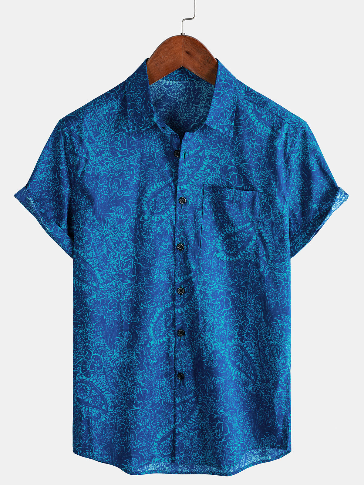 Herren Blaues Vintage Paisley Kurzarmhemd