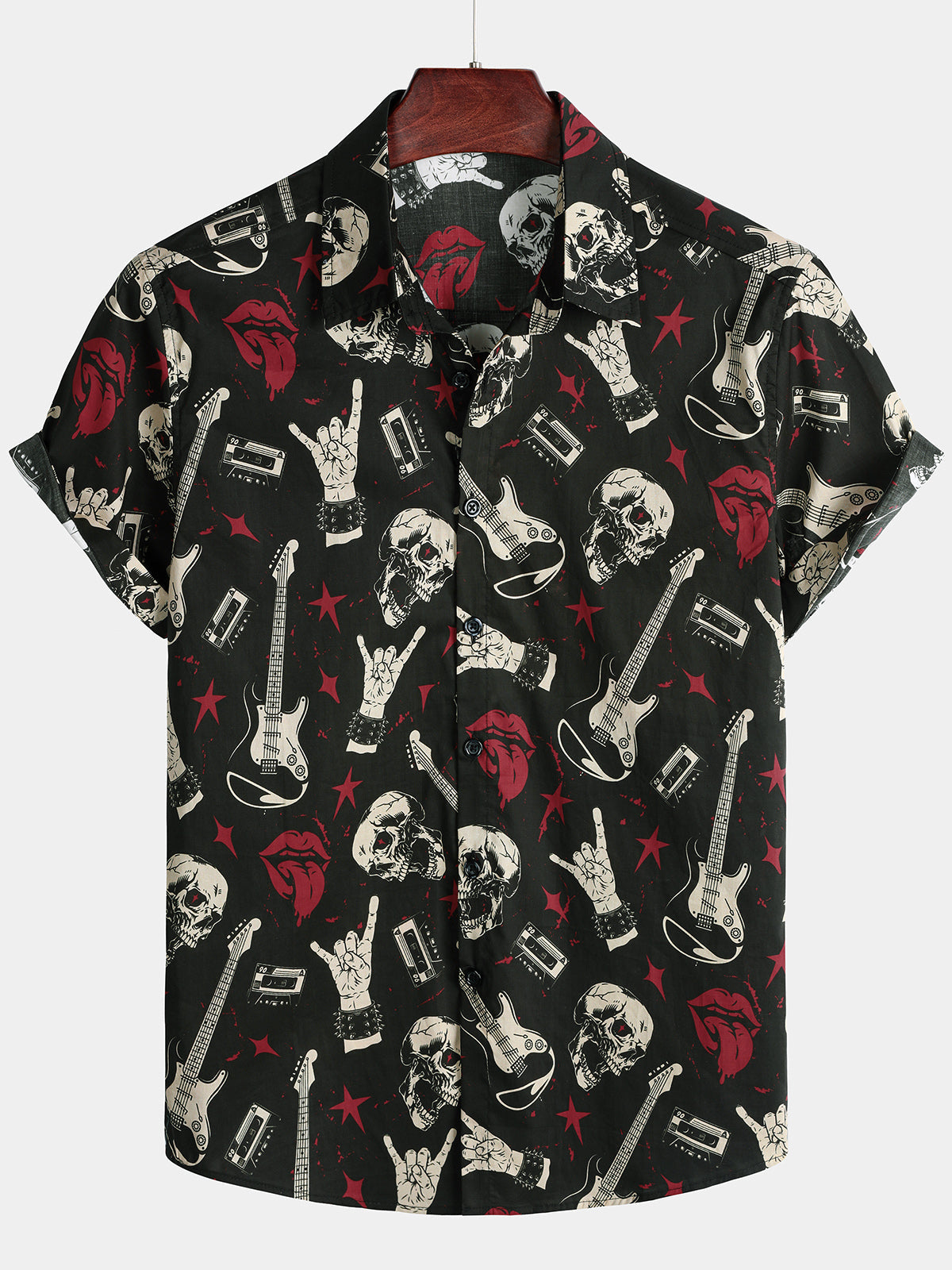 Herren Gitarren Totenkopf Rock Hawaiihemd