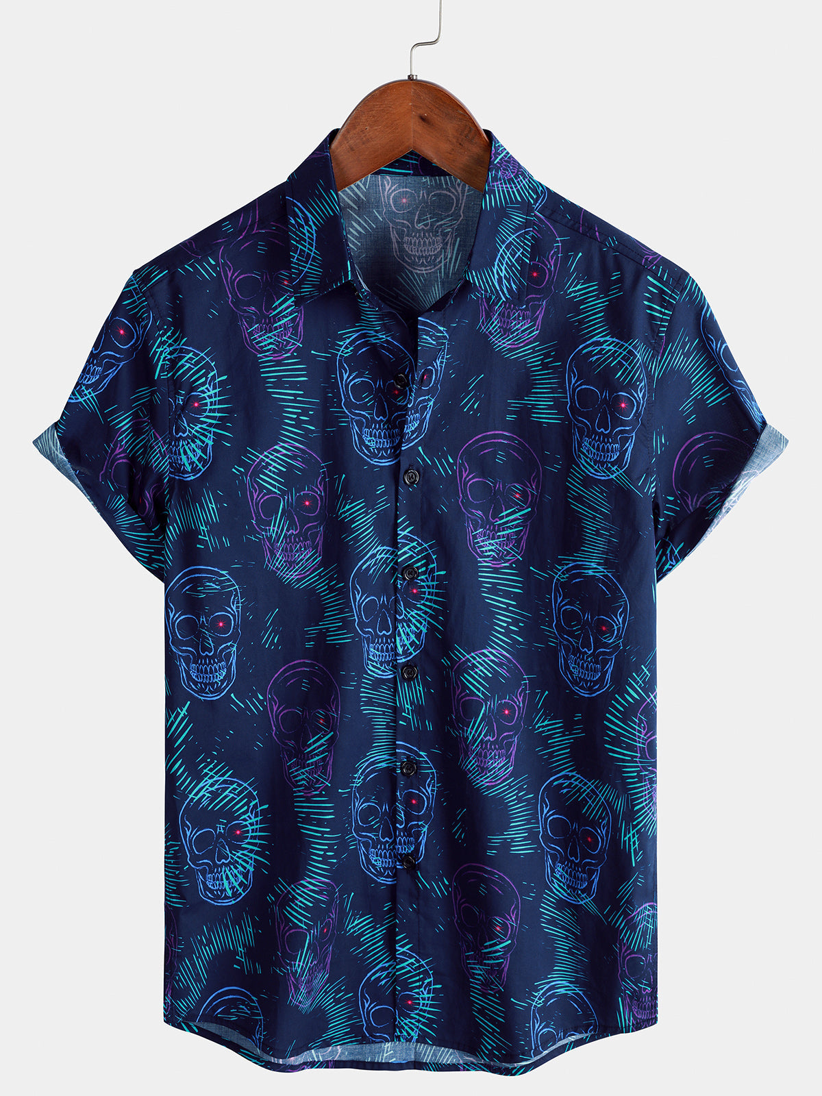 Herren Blaues Totenkopf Punk Hawaiihemd