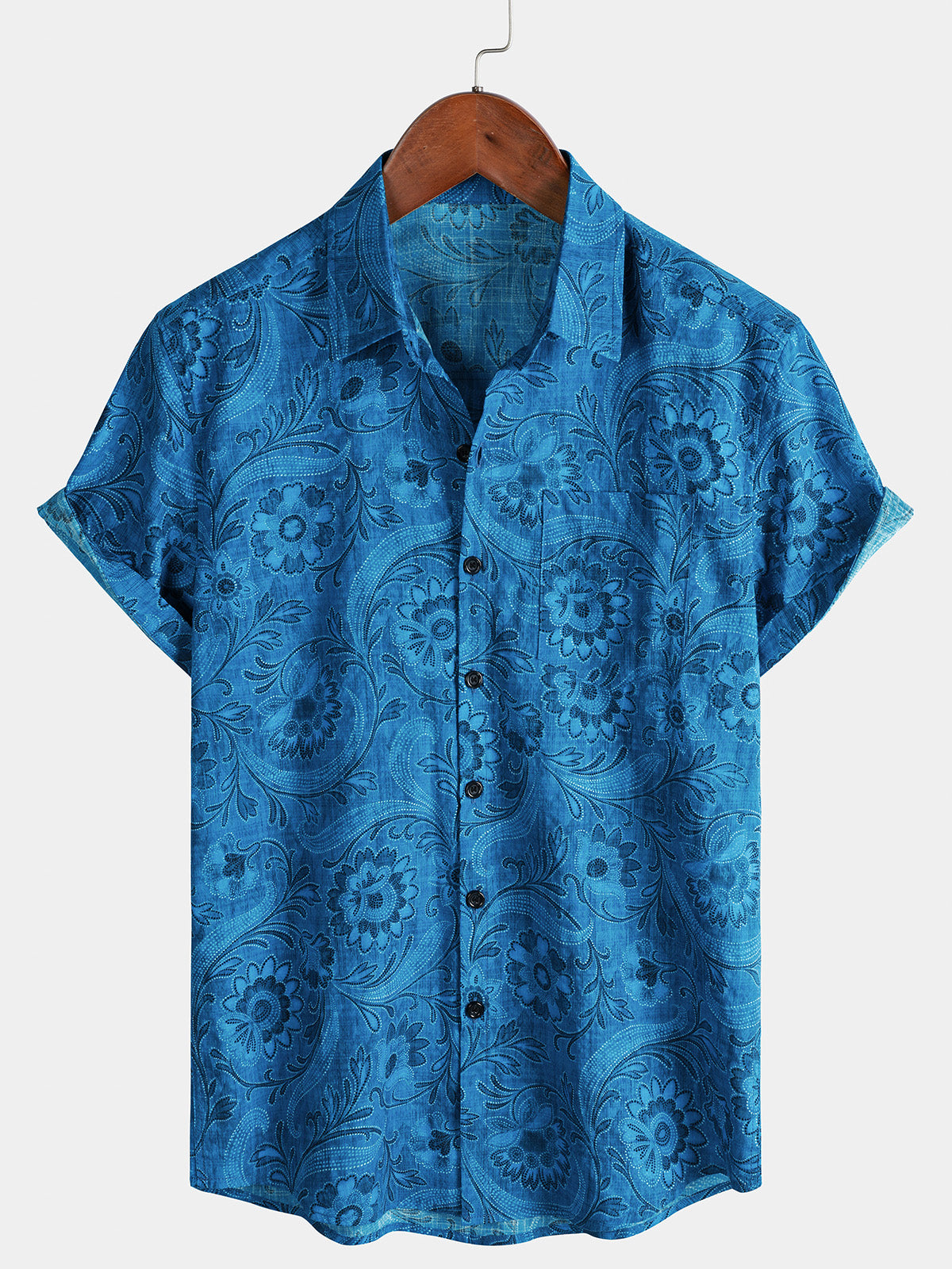 Herren Blaues Blumen Sommer Kurzarmhemd