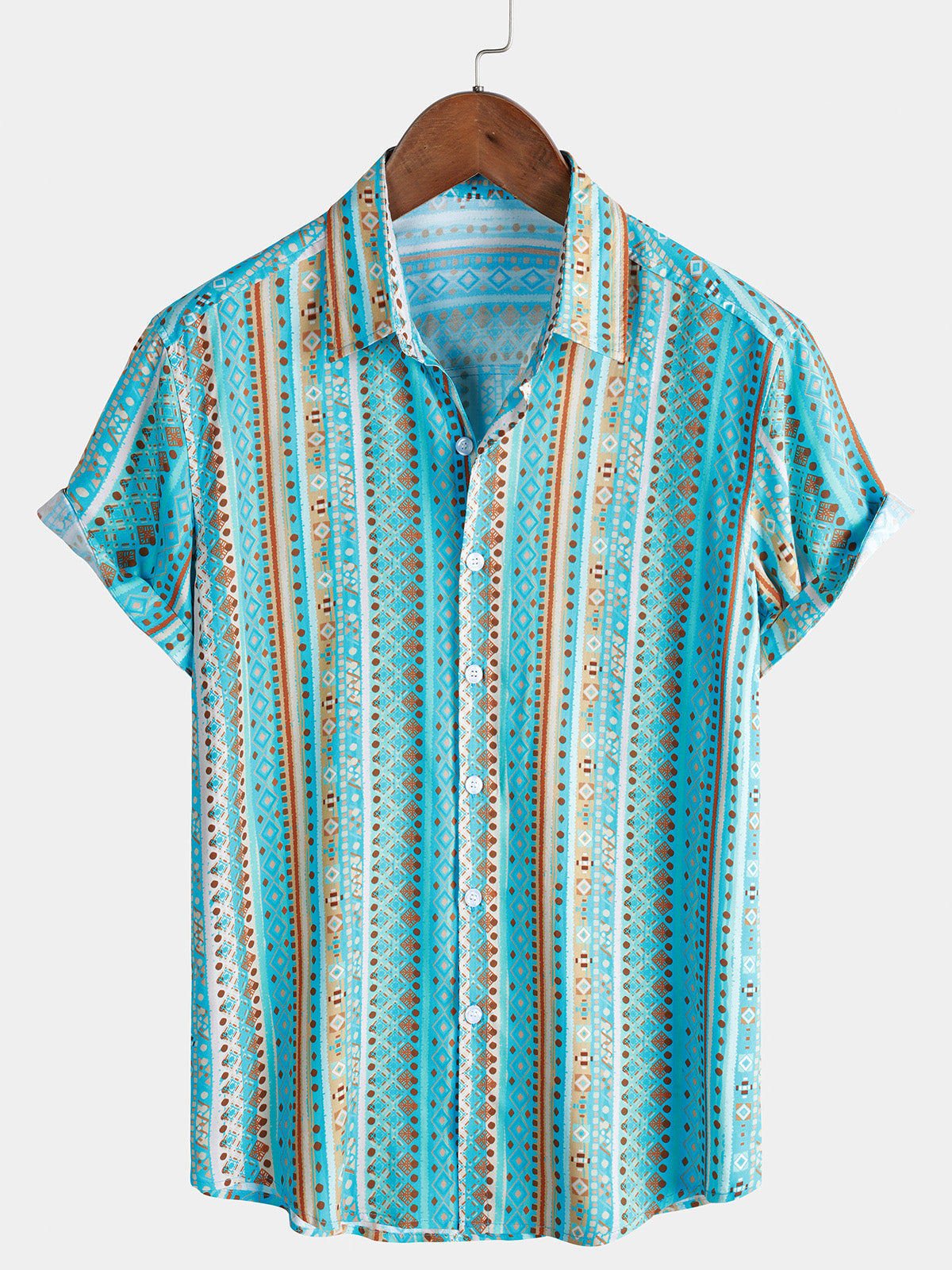 Herren Vintage Geometrie Streifen Kurzarmhemd