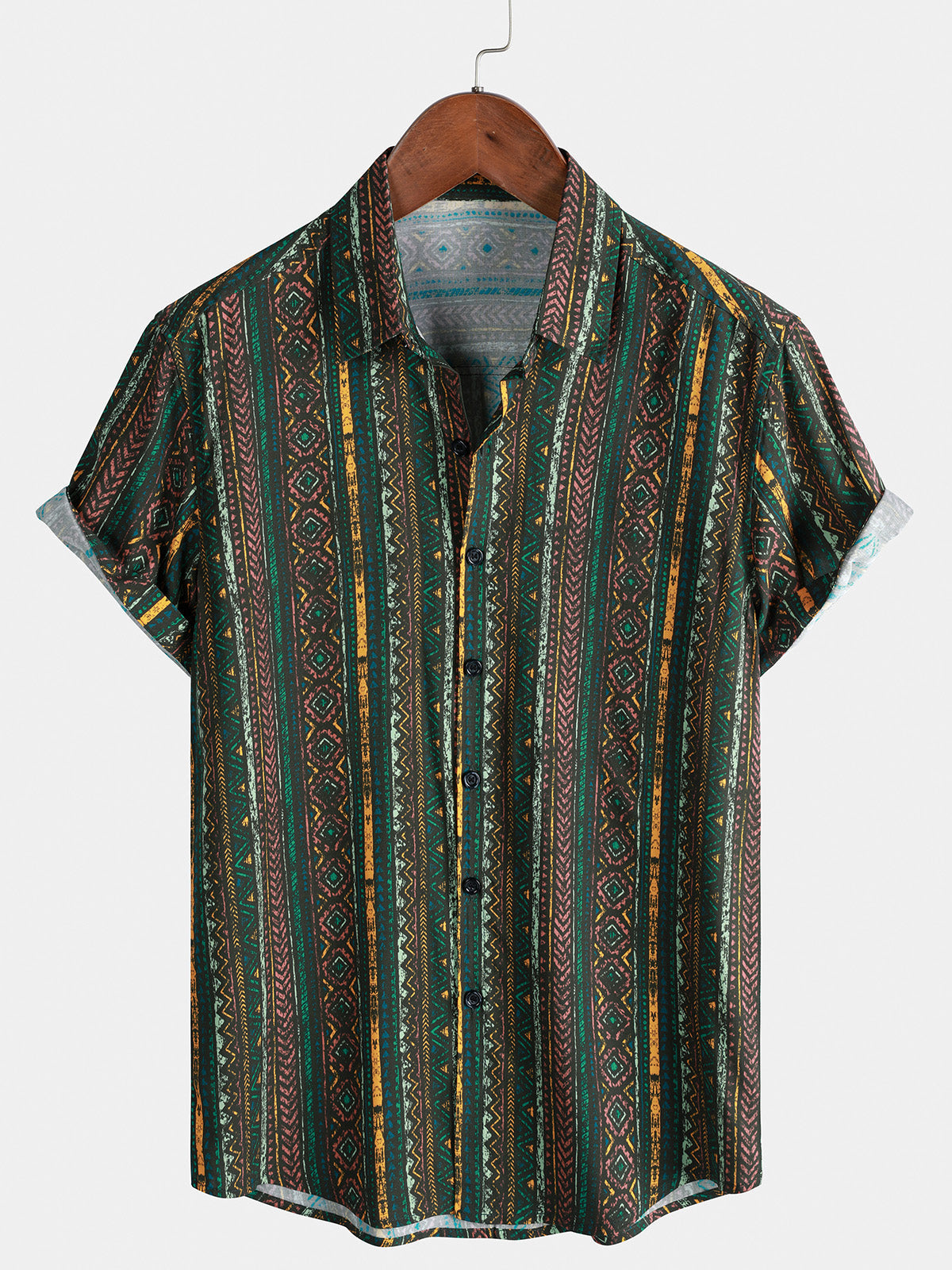 Herren Grünes Vintage Streifen Kurzarmhemd