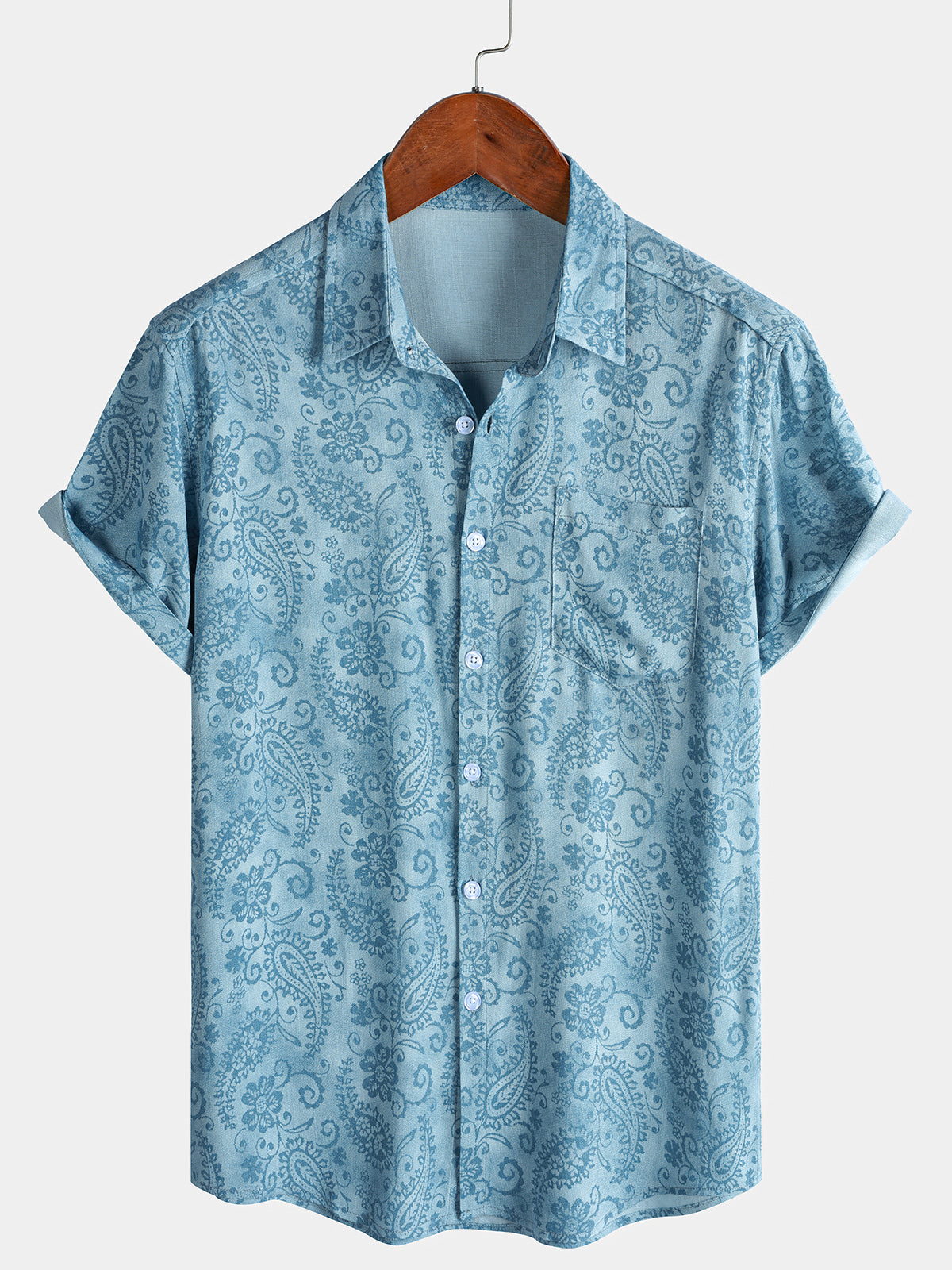 Herren Blauem Paisley-Blumenmuster Kurzarmhemd