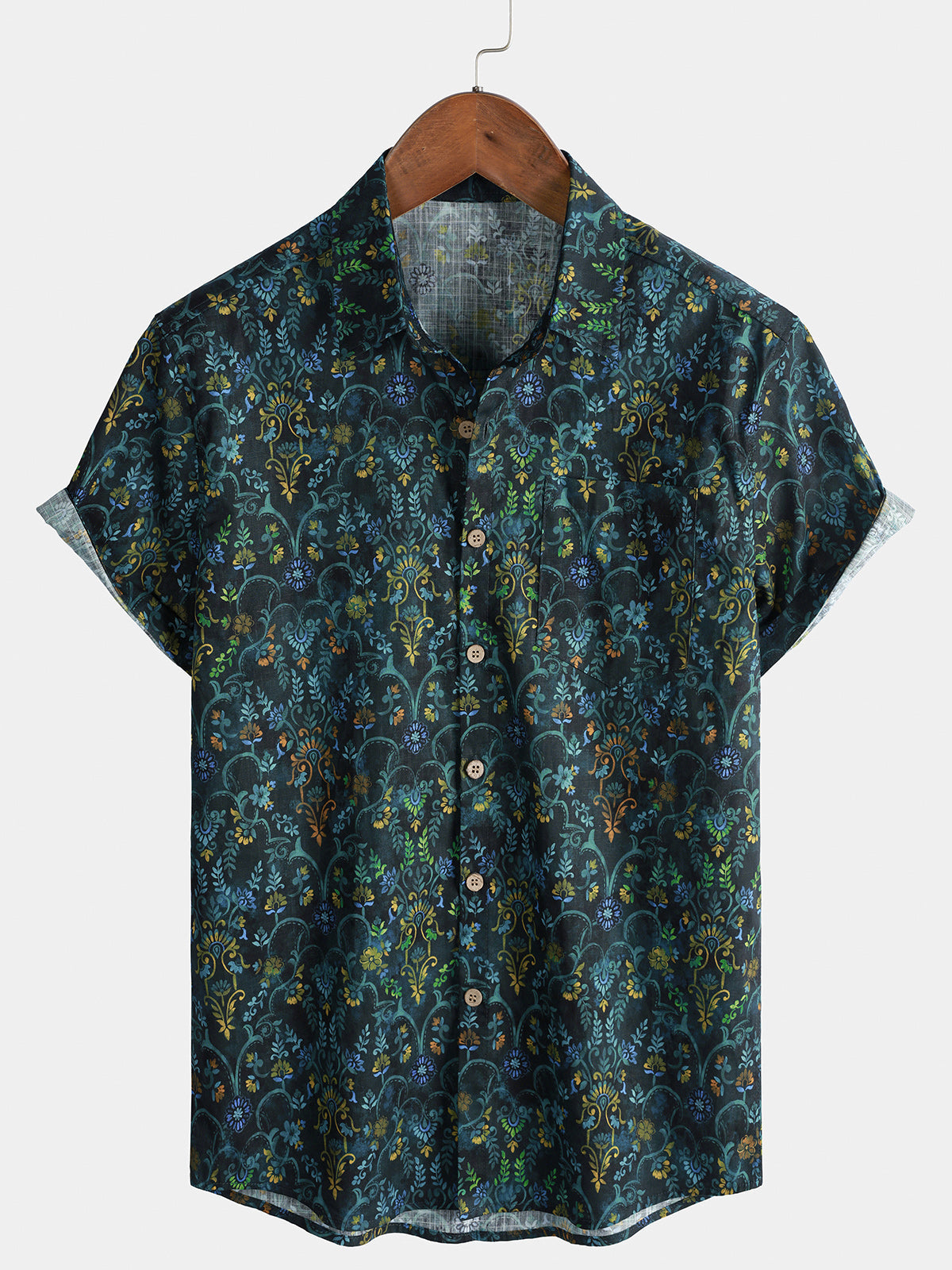 Herren Vintage Grün Blumen Lässiges 100% Baumwolle Kurzarmhemd