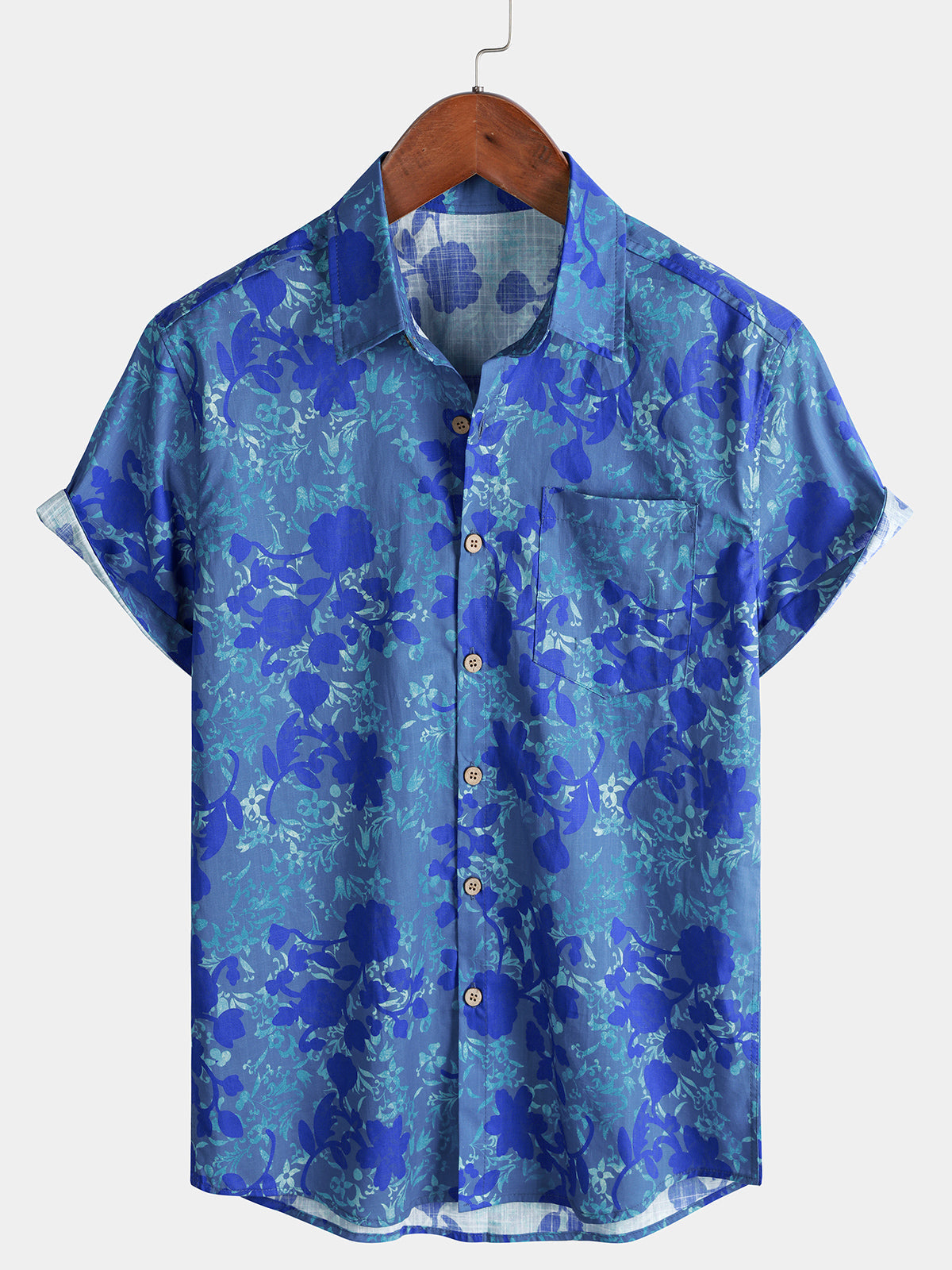 Herren Blau Blumen Lässiges 100% Baumwolle Kurzarmhemd