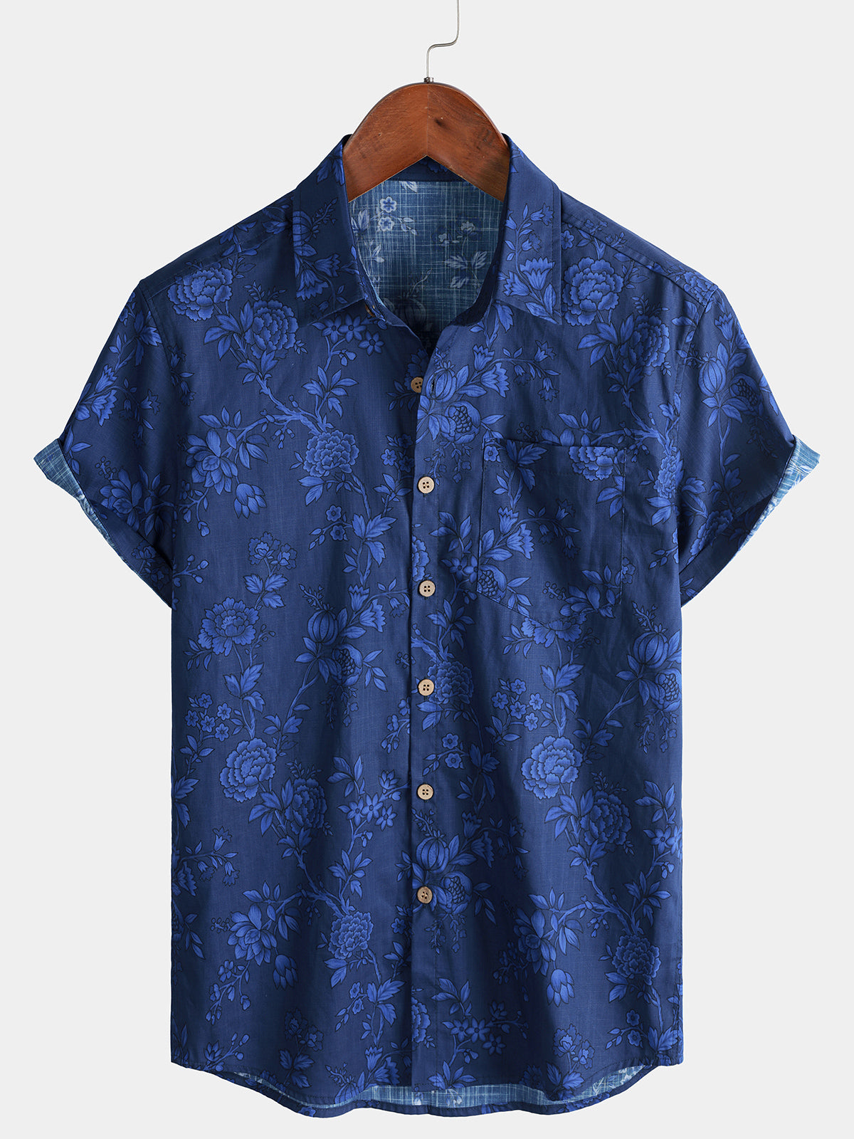 Herren Marineblau Blumen 100% Baumwolle Lässiges Kurzarmhemd