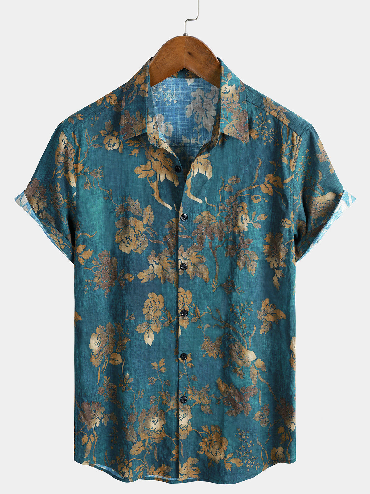 Herren Urlaub Blaues Baumwoll Kurzarm Vintage Hawaiihemd