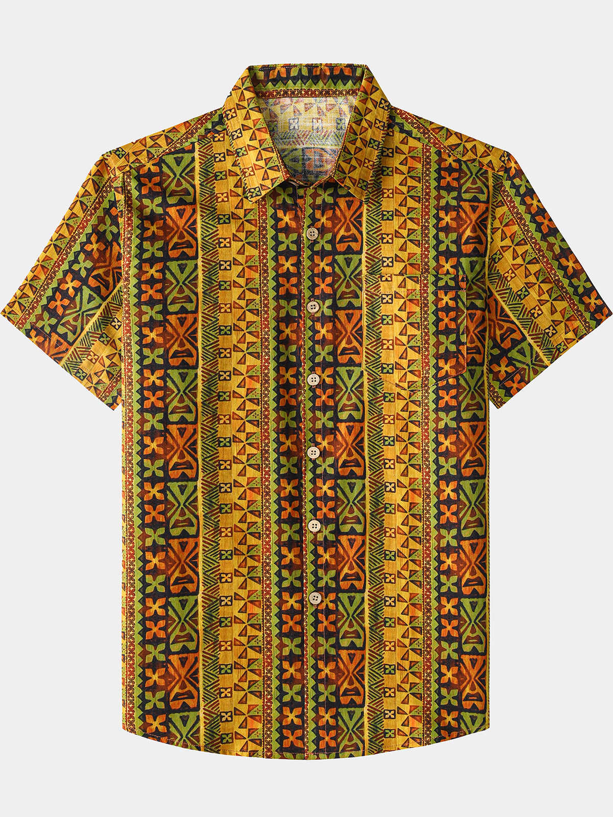 Herren Vintage Gelbes Geometrisches Kurzarmhemd Baumwolle