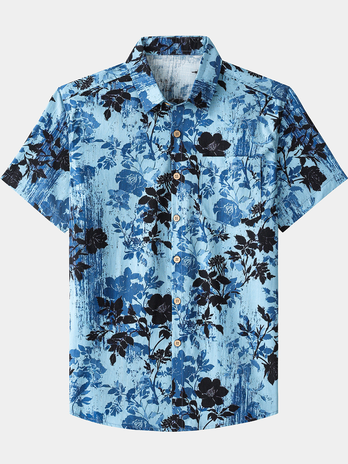 Herren Vintage Hellblaues Blumen Kurzarmhemd Baumwolle