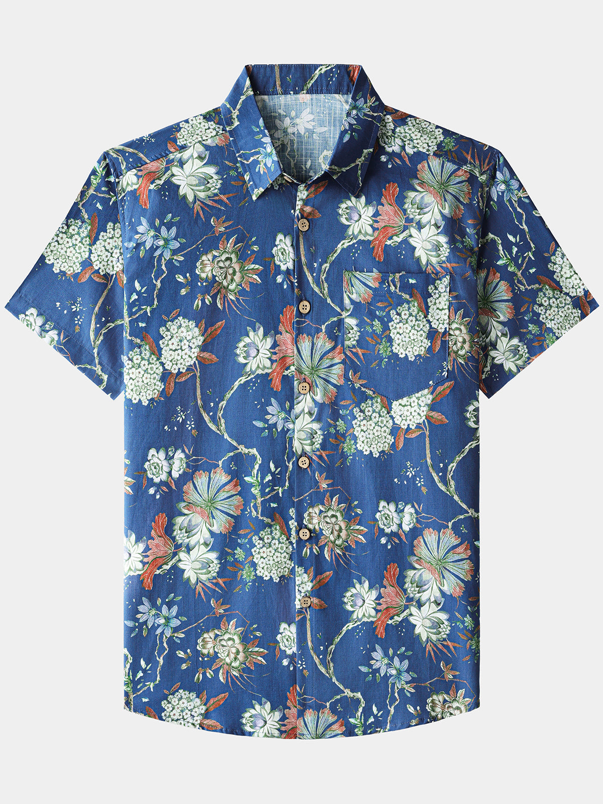 Herren Blumenmuster 100% Baumwolle Kurzarm Hemd Blau