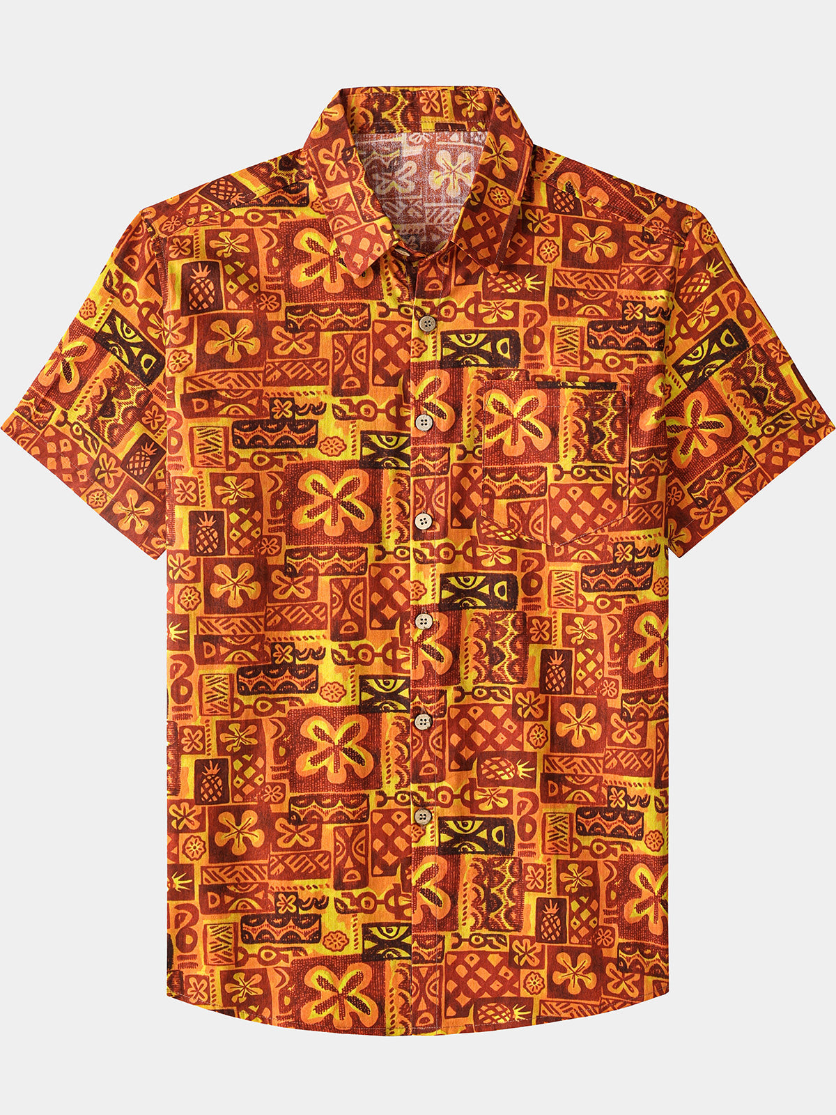 Herren Vintage Orangefarbenes Blumen Kurzarmhemd Baumwolle