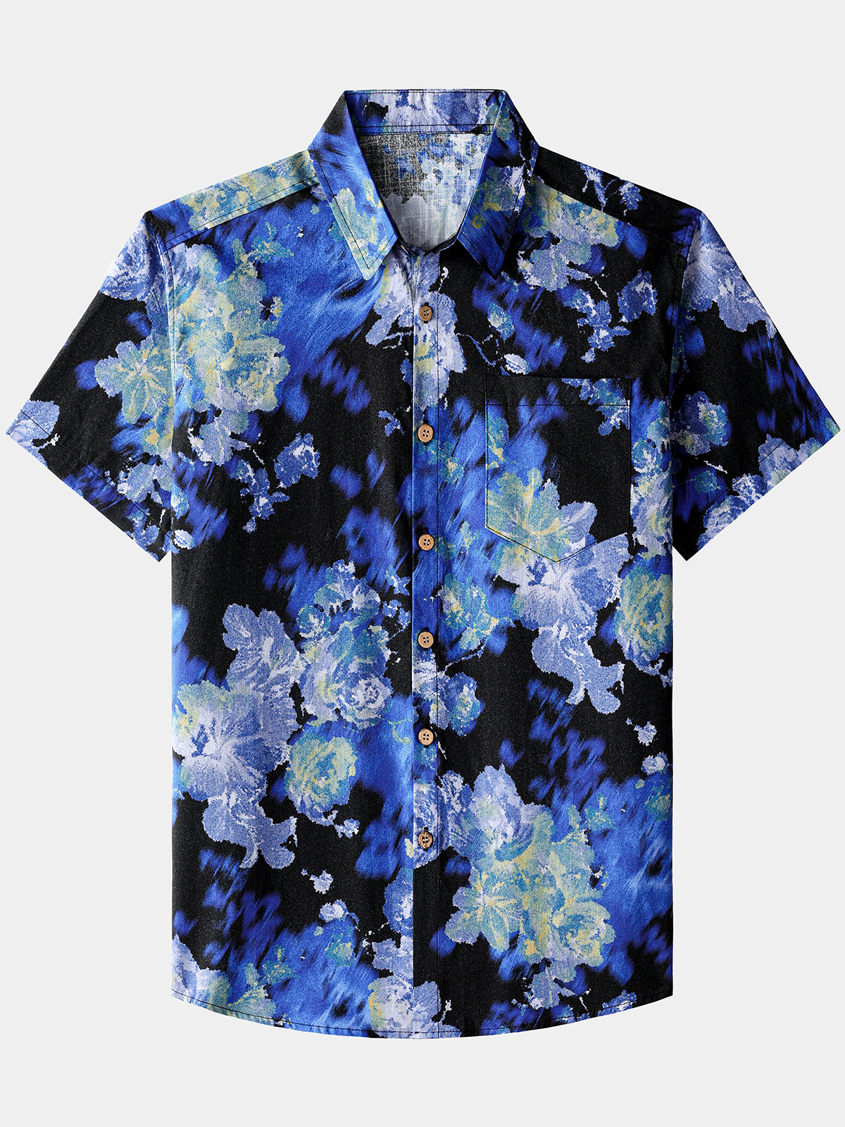Herren Blau Blumenmuster 100% Baumwolle Kurzarm Hemd