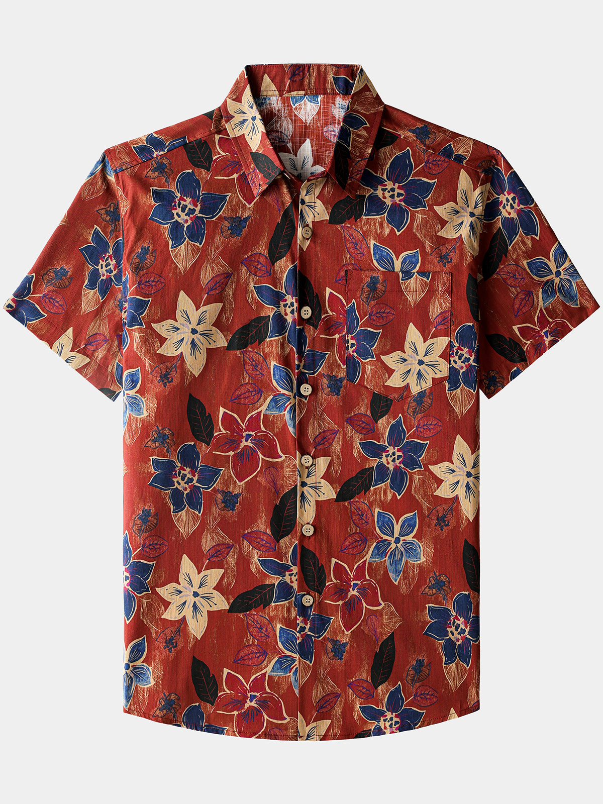 Herren Rot Blumenmuster 100% Baumwolle Kurzarm Vintage-Hemd