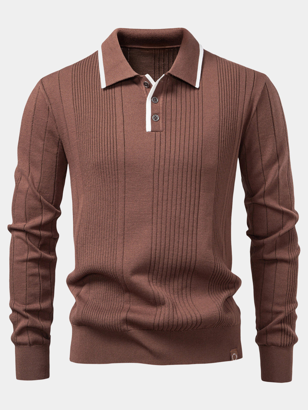 Herren Braunes Gestreiftes Langarm-Strick-Poloshirt
