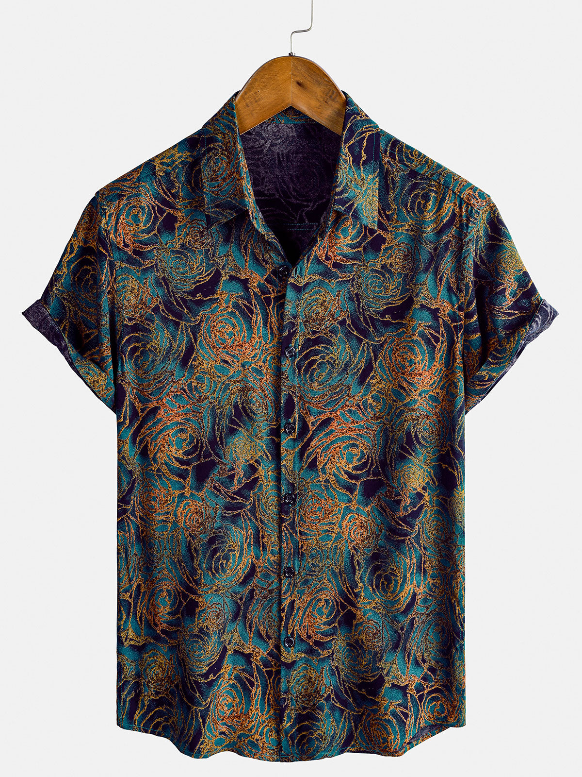 Herren Retro-Blumenmuster Rosenmotiv Kurzarmhemd