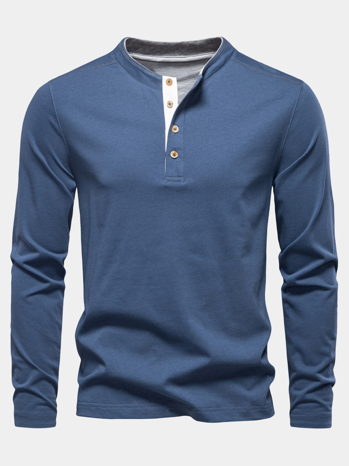 Herren Blau Baumwolle Langarm-Henley-Shirt