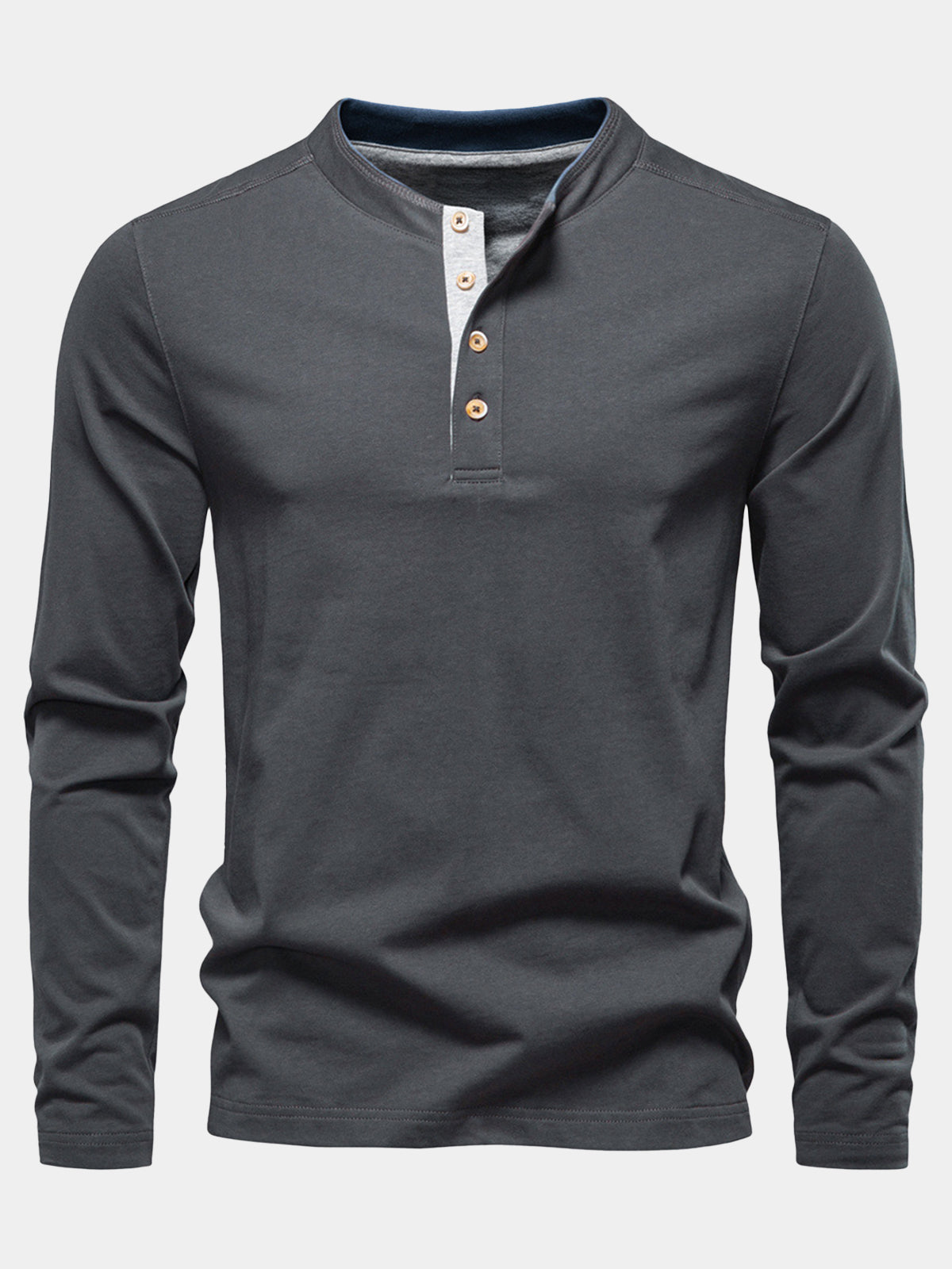 Herren Grau Baumwolle Langarm-Henley-Shirt