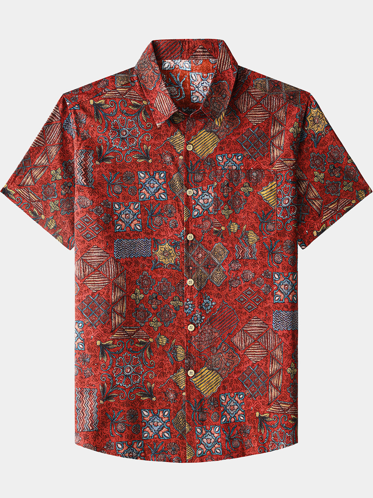 Herren Retro Rotes Geometrie Patchwork Hemd