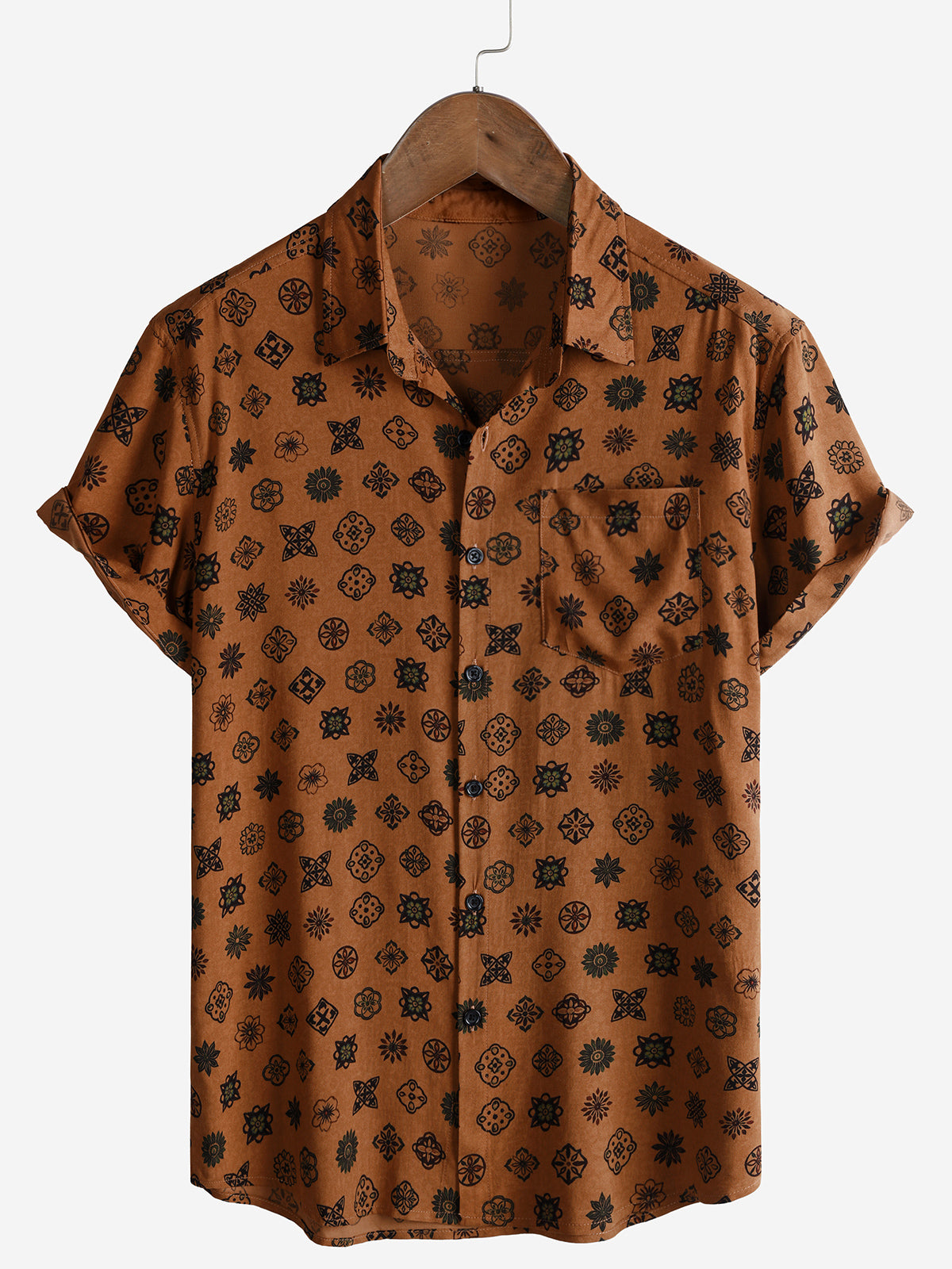 Herren Vintage Geometrisches Kurzarmhemd Orange