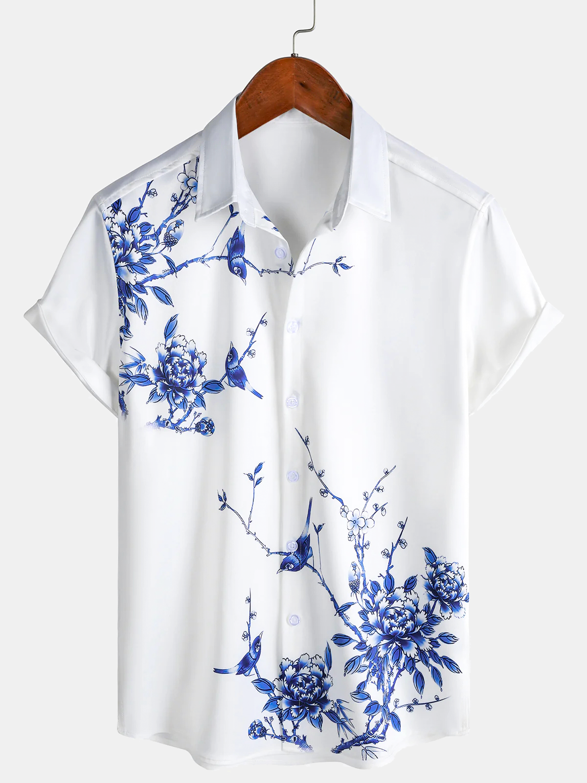 Herren Blauem Blumenmuster Hawaii-Stil Kurzarmhemd