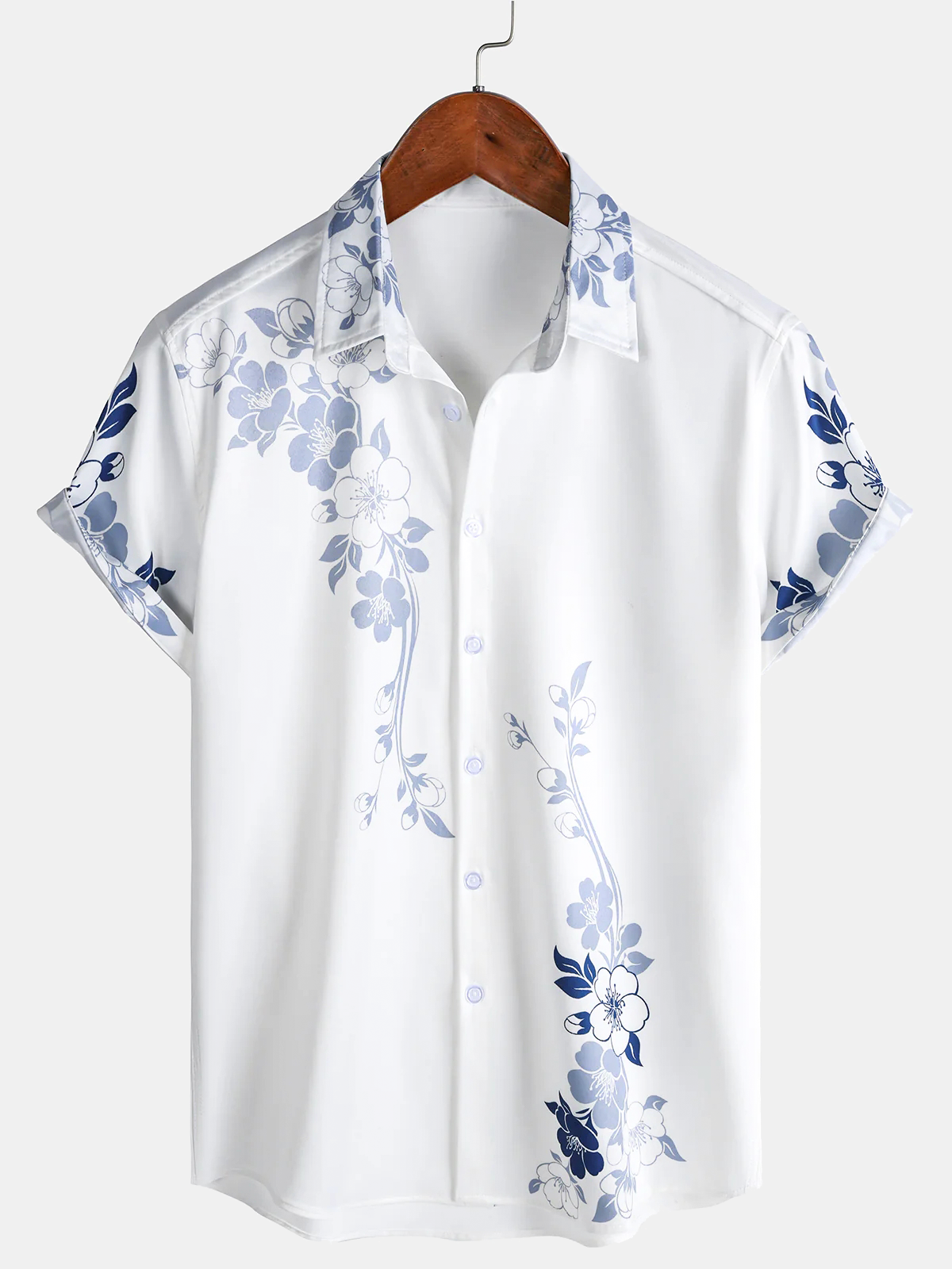 Herren Blumenmuster Hawaii-Stil Kurzarmhemd Blau