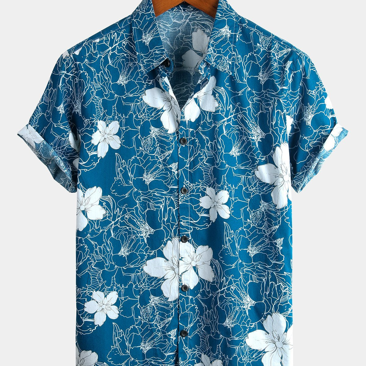Herren Kurzarm Hawaii Resort Sommerhemd mit Blumenmuster Blau